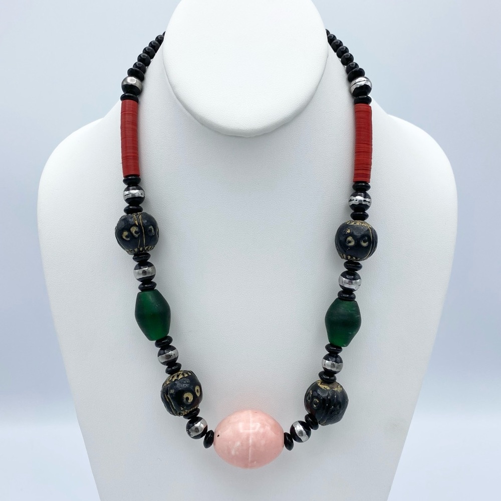 Artisan Vintage African Wood Ceramic Glass Tribal Bohemian Necklace